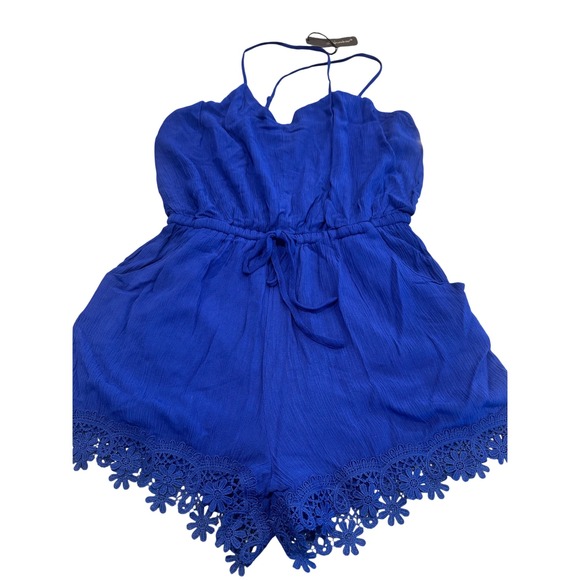 Shinestar Pants - Shinestar Royal Blue Crochet Lace Trim Romper Womens Medium HD5325S Pockets NEW